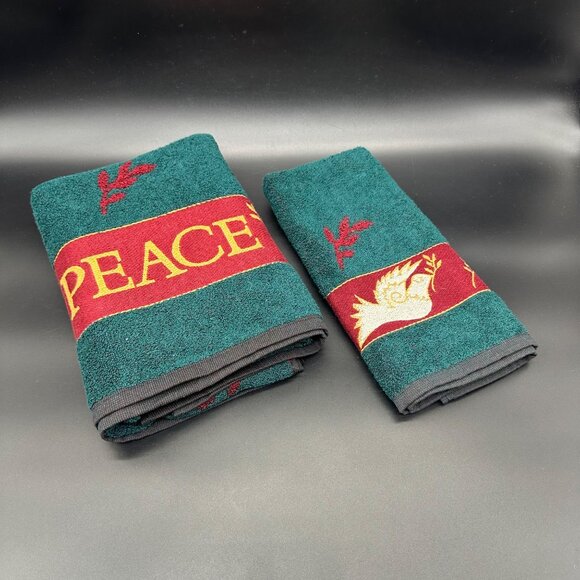 Santens Other - Vintage Christmas Bath Towel Hand Towel Set 1990s Santens USA Peace Dove Cotton